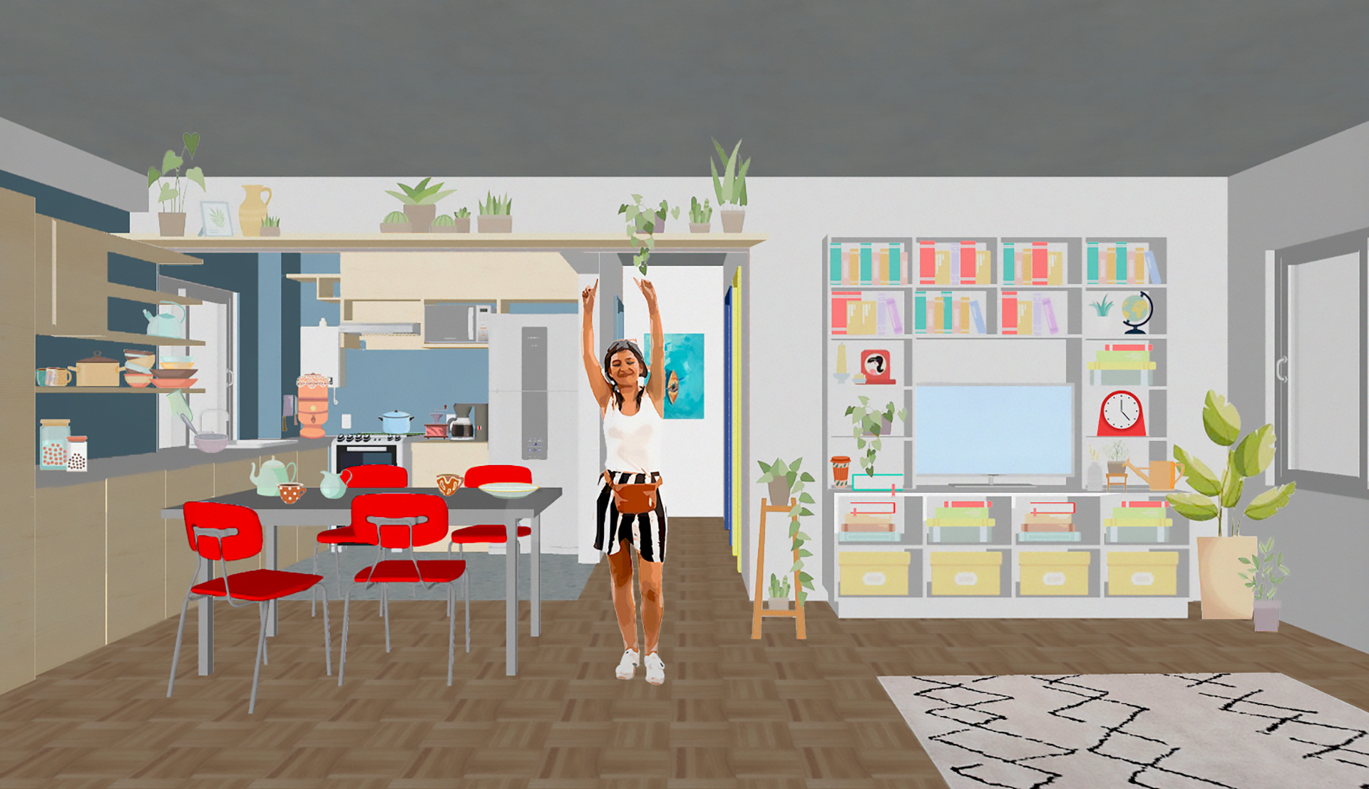 Uma renderização 3D de uma cozinha aberta com mesa de jantar e estante da sala.