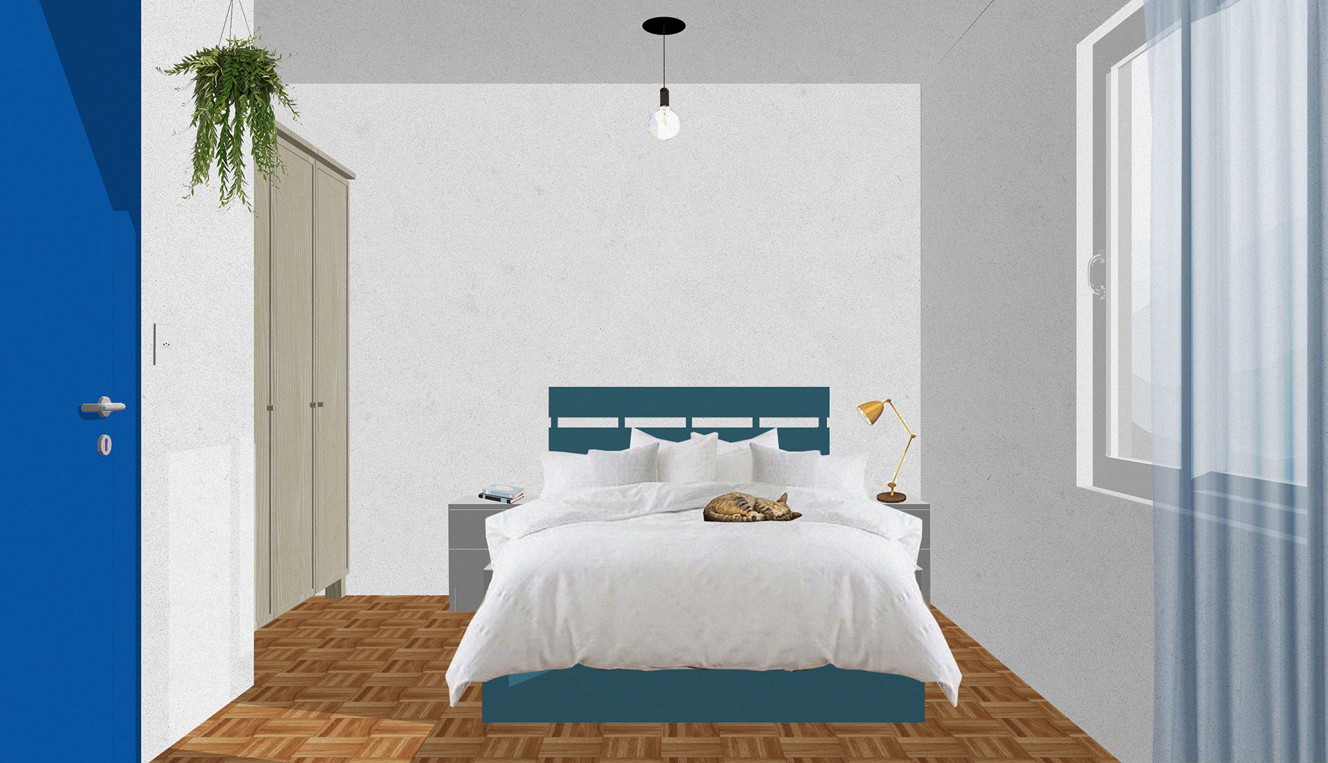 Imagem 3D de um quarto com uma cama branca e uma porta azul.
