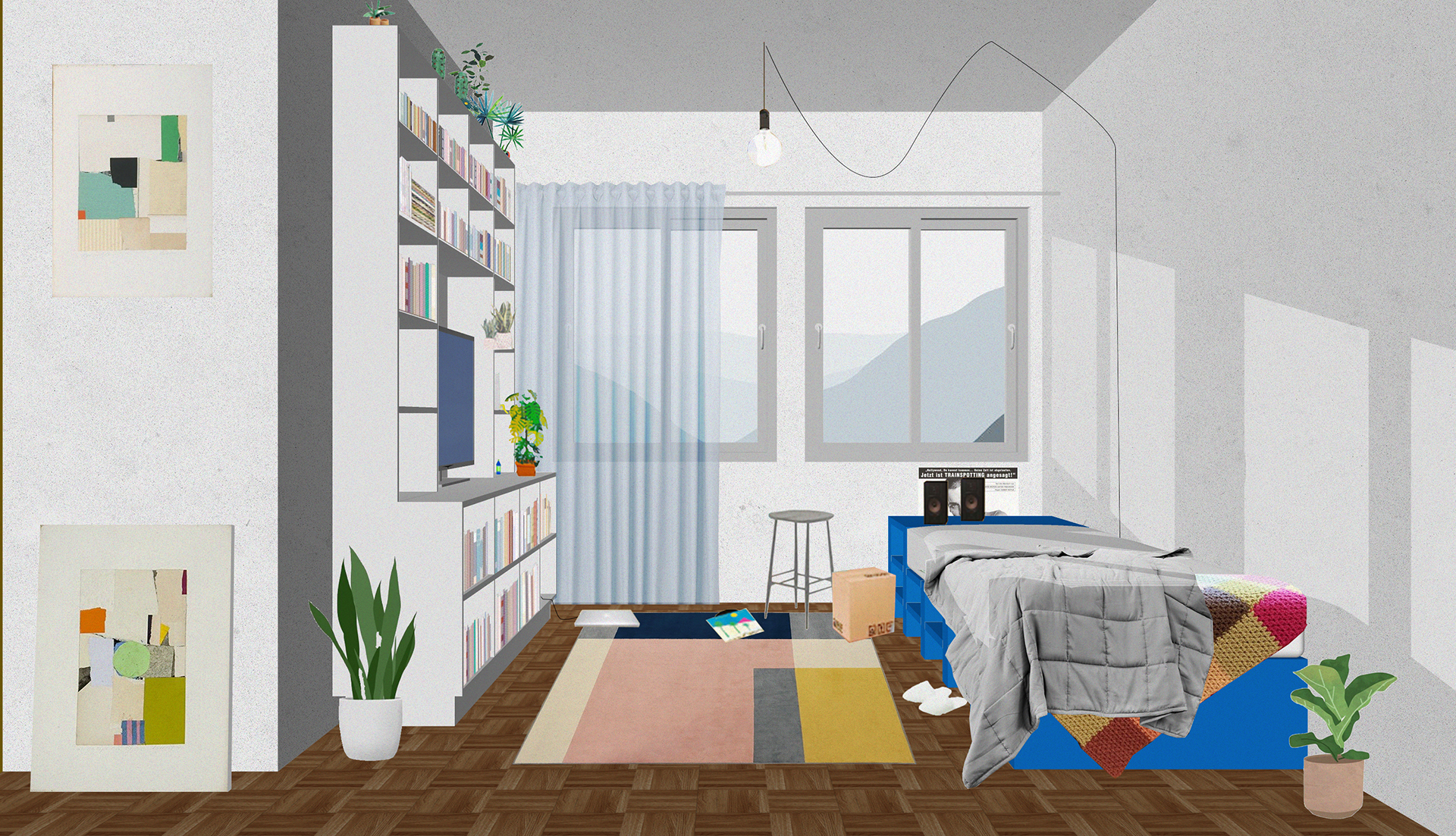 Imagem 3D de uma sala com estante, sofá, tapete e quadros.