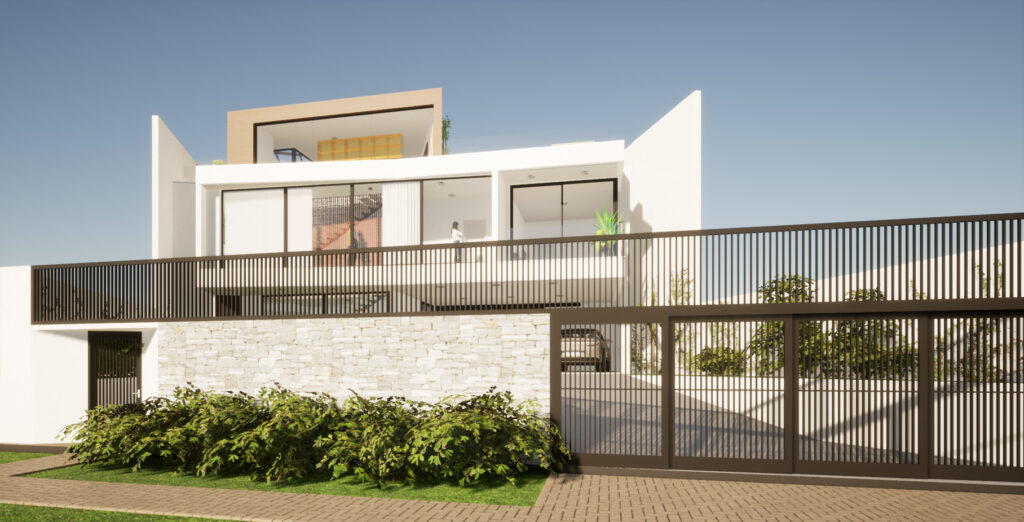 Uma renderização 3D de uma fachada de casa moderna.