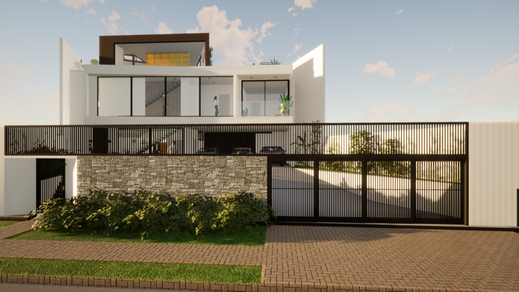 Uma renderização 3D de uma fachada de casa moderna.
