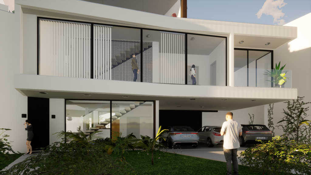 Renderização 3D de uma fachada de casa moderna.