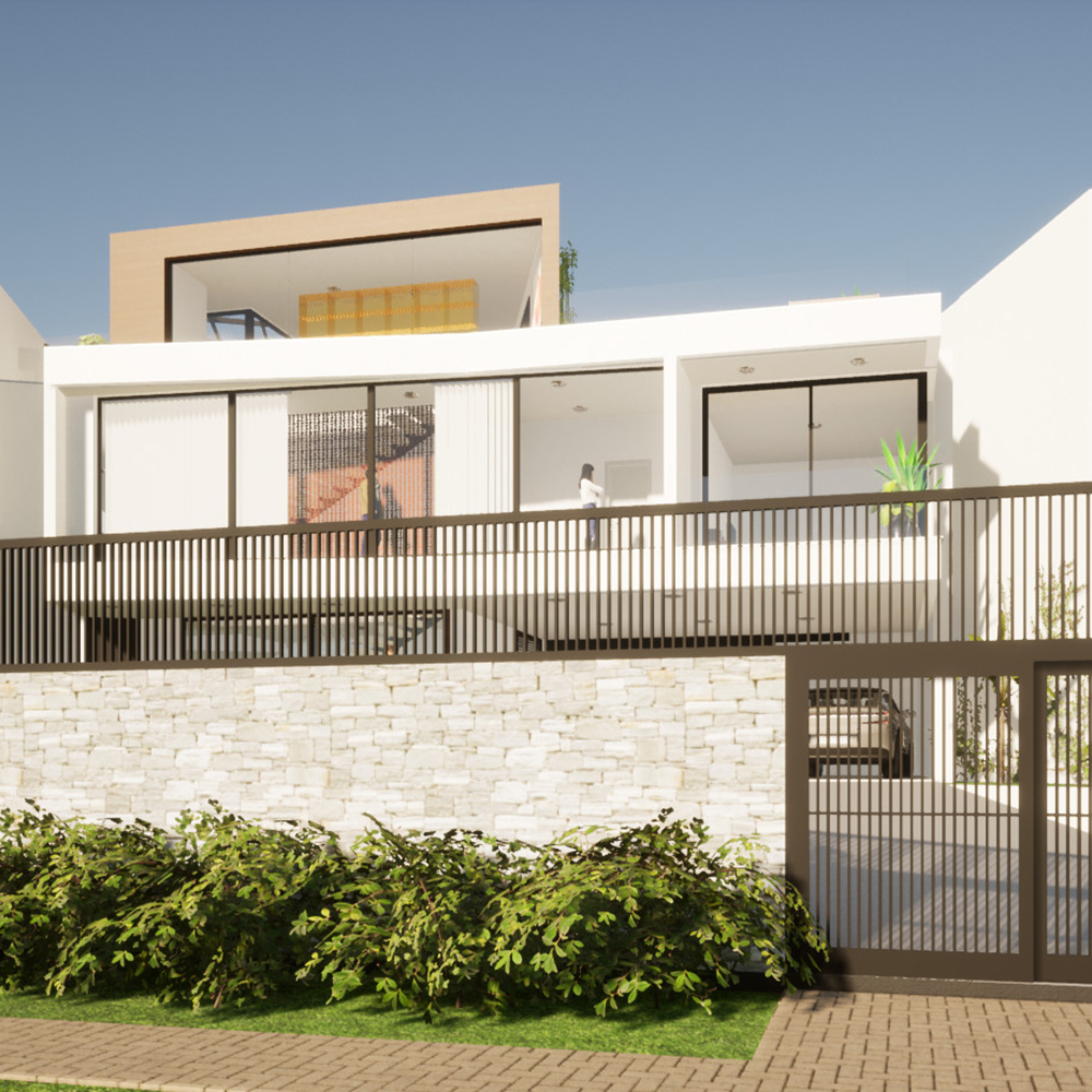Uma renderização 3D de uma casa moderna.