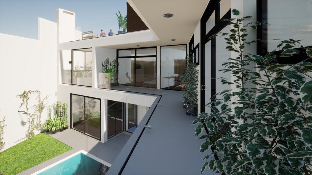 Uma representação 3D de um pátio interno de uma casa moderna com piscina.