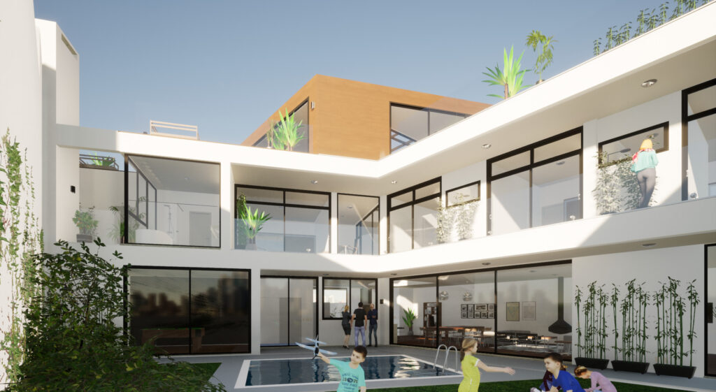Uma representação 3D de um pátio interno de uma casa moderna com piscina.