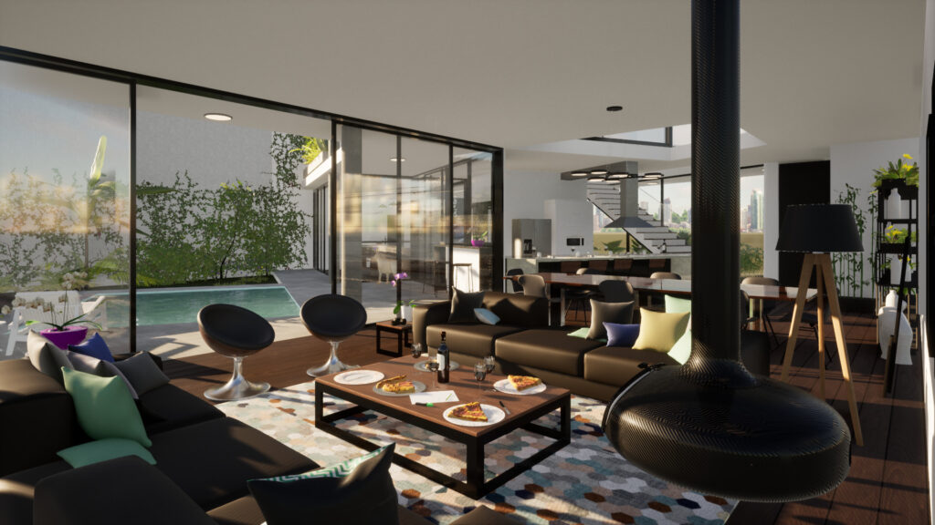 Uma renderização 3D de uma sala de estar com lareira, cozinha aberta na lateral e piscina ao fundo.