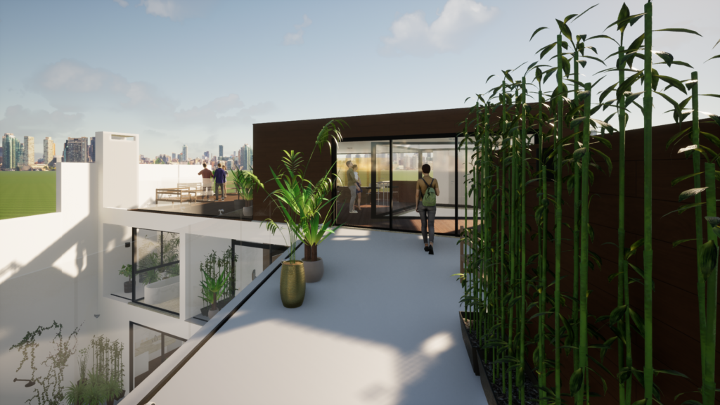 Uma renderização 3D de um terraço com plantas e vista da cidade.