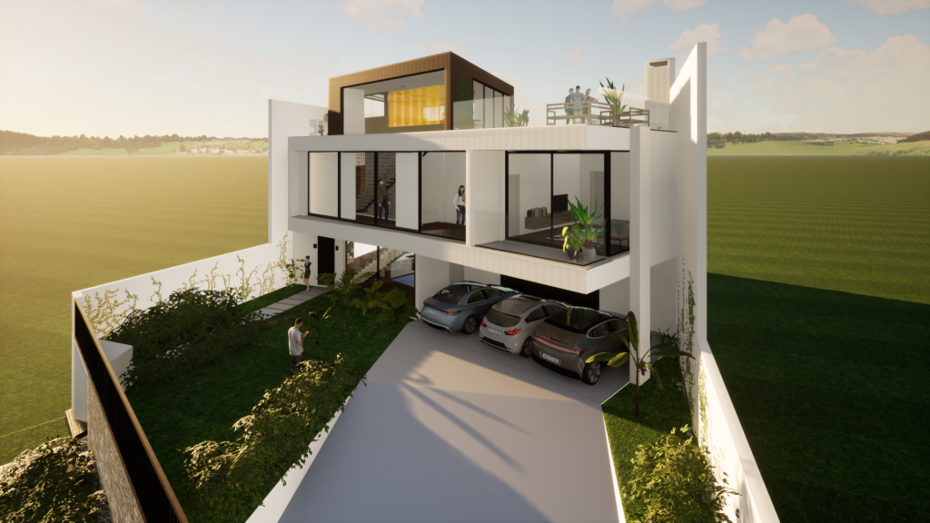 Uma renderização 3D de uma casa moderna.